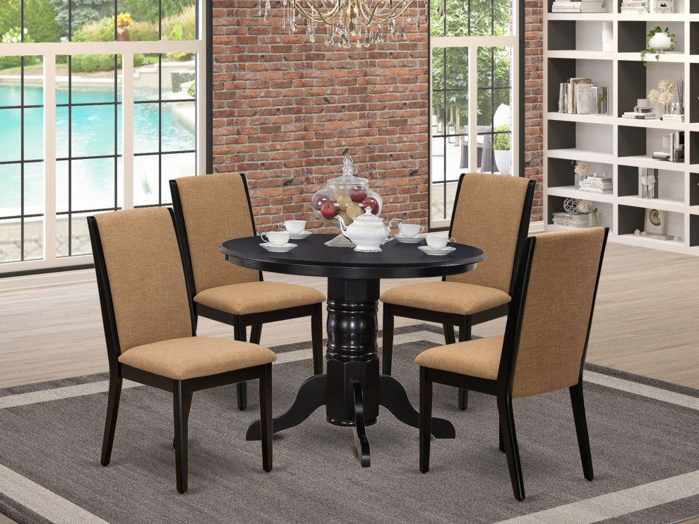 5Pc Kitchen Set 4 Chairs, Round Table Hardwood Structure -High Back & Black