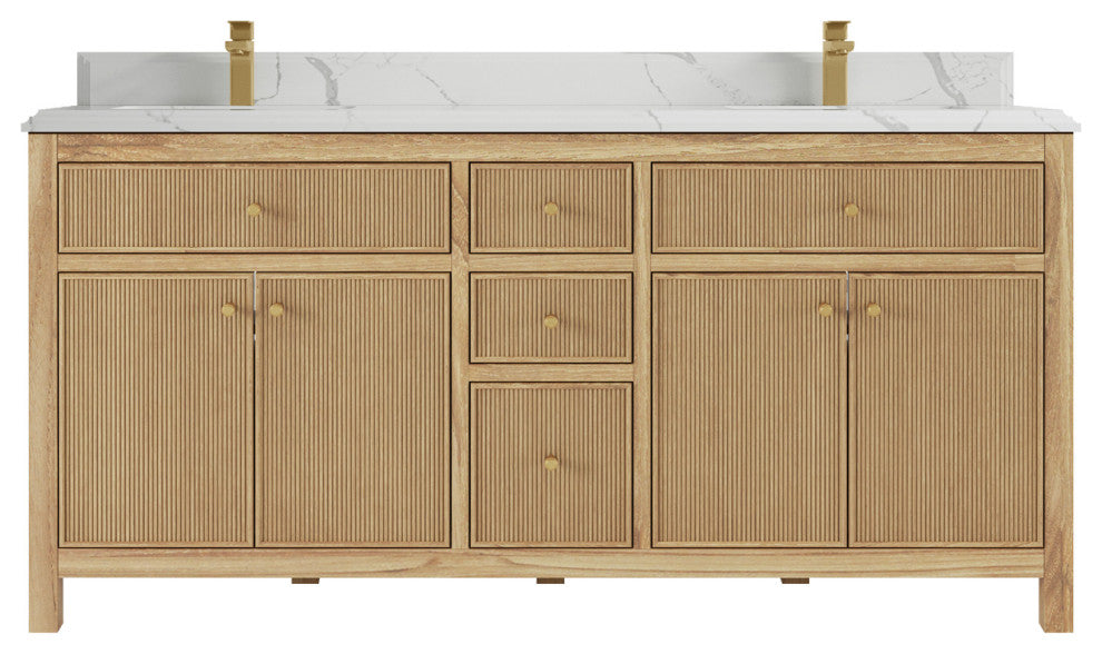 Sonoma 72 Double Sink Bath Vanity in Light Natural Teak with 1.5" Calacatta Laza