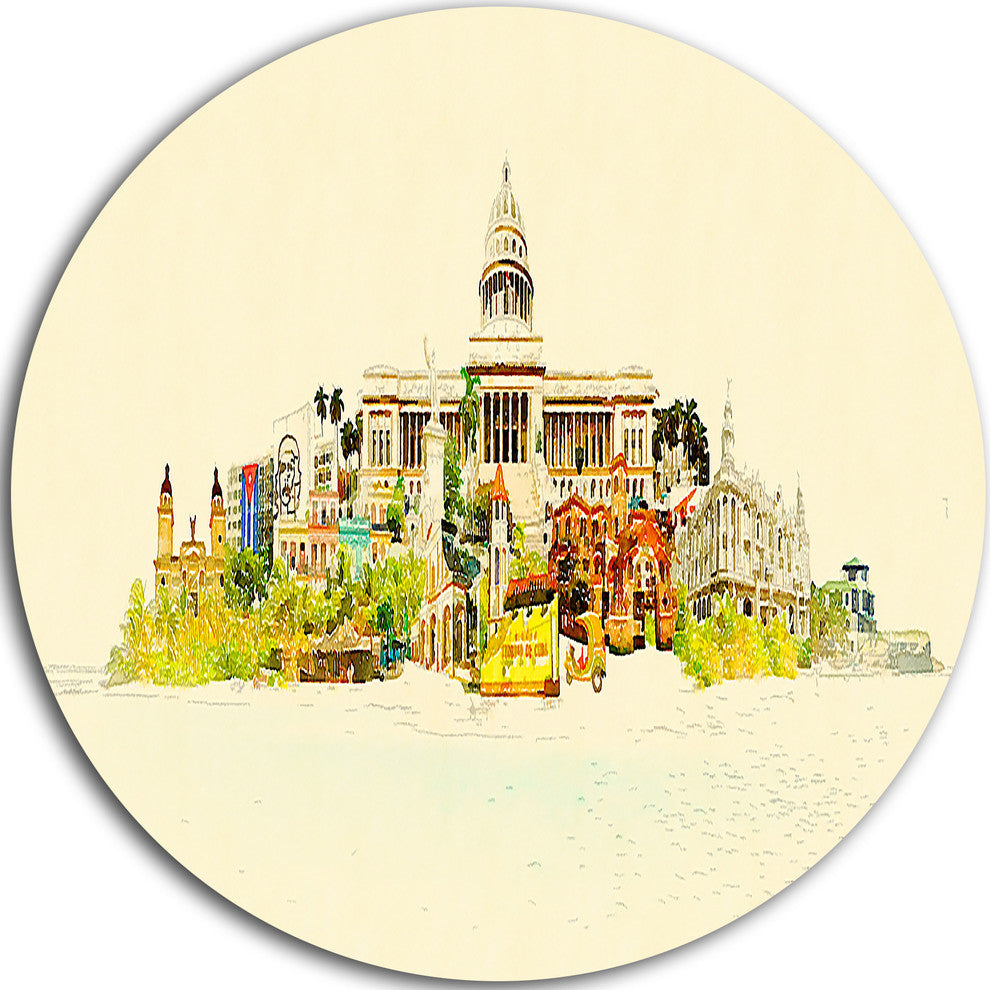 Havana Panoramic View, Cityscape Watercolor Round Wall Art, 23"