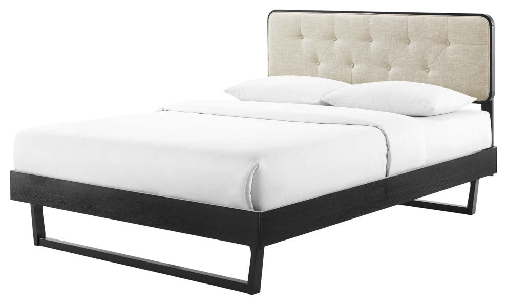 Platform Bed Frame, Queen Size, Fabric, Wood, Black Beige, Modern Mid-Century