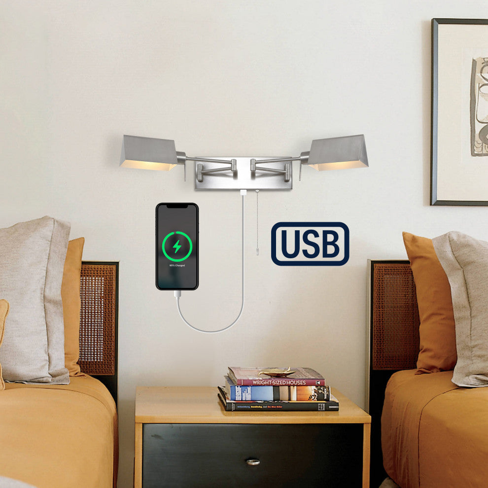 22" 1-Light Swing Arm Plug-In or Hardwired Iron LED Sconce With Pull-Chain