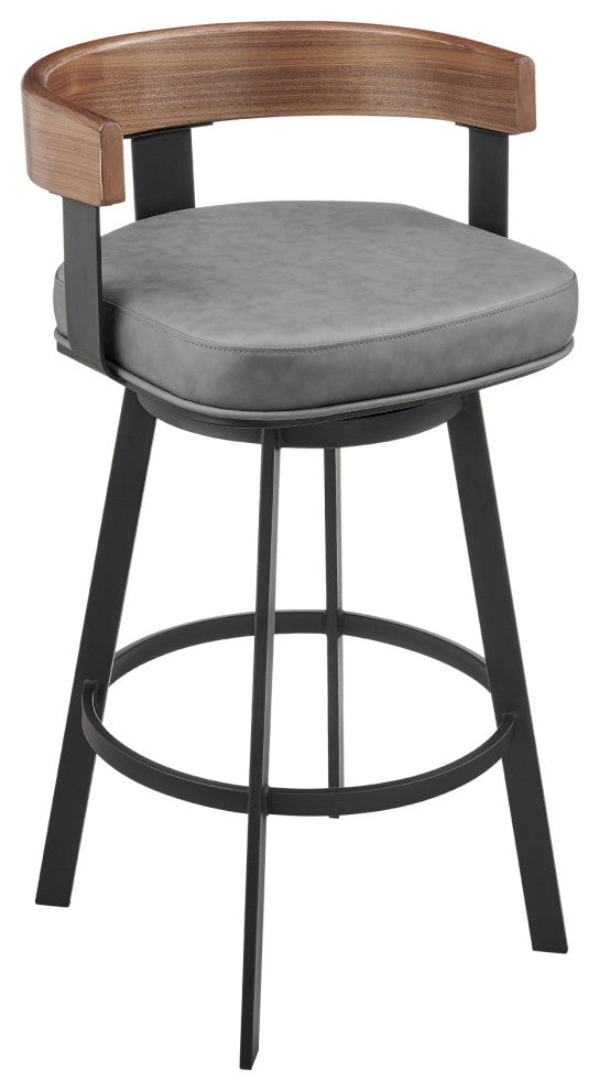 Idris Swivel Stool, Black/Walnut Finish & Gray Faux Leather, Counter, 26"