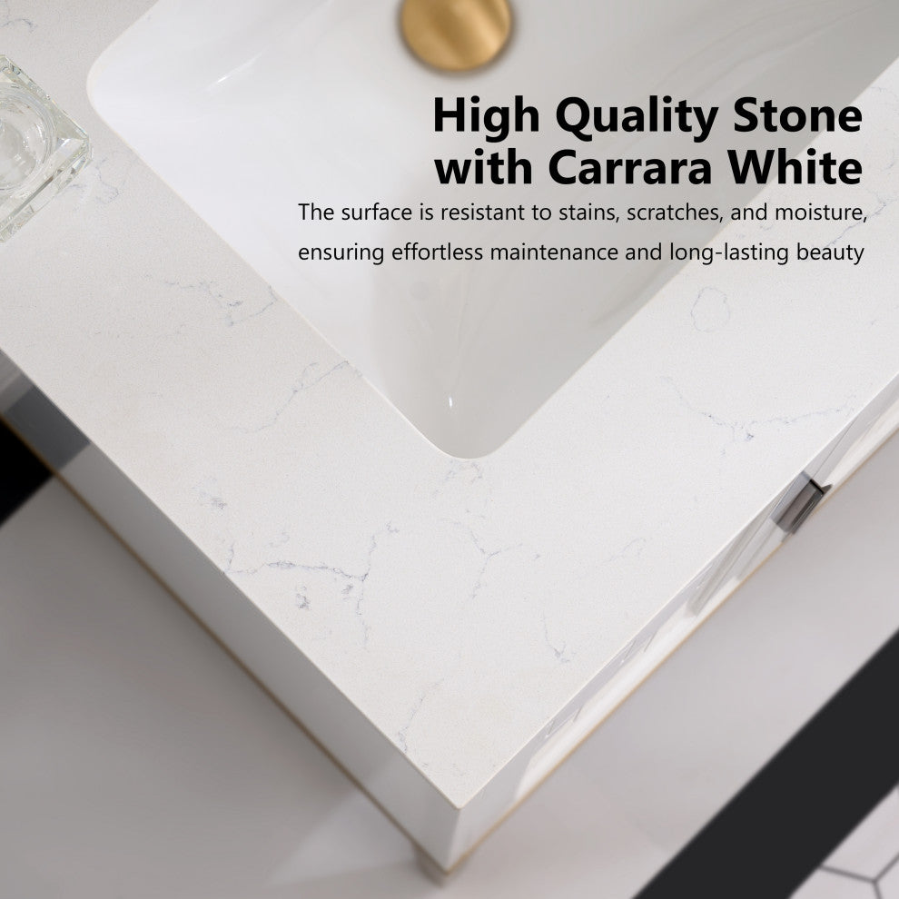 Alison Freestanding Bathroom Vanity with Italian Carrara White Marble Top, White, 36"