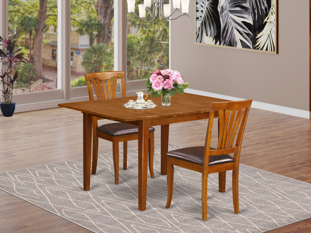 3 Pc Set Milan Table With Leaf And 2 Leather Chairs, Saddle Brown