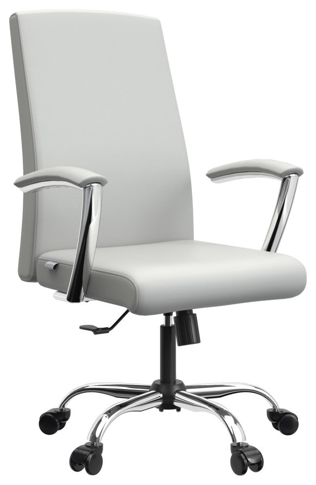 LeisureMod Evander Swivel Office Chair in Leather With Silver Frame, White