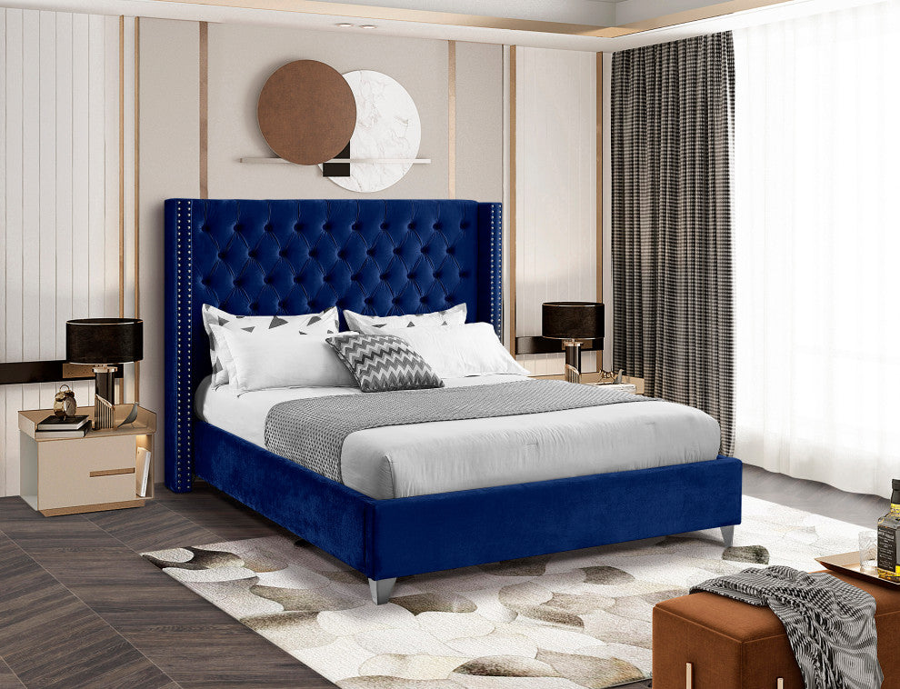 Ames Velvet Bed, Navy, Queen