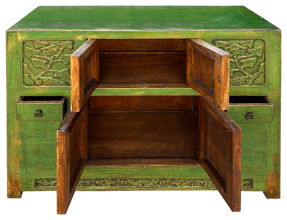 Oriental Distressed Lime Green Floral Carving Credenza Storage Cabinet