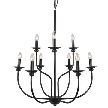 LNC 2-Tier Matte Black Farmhouse Candle-Style Chandelier, 9 Lights