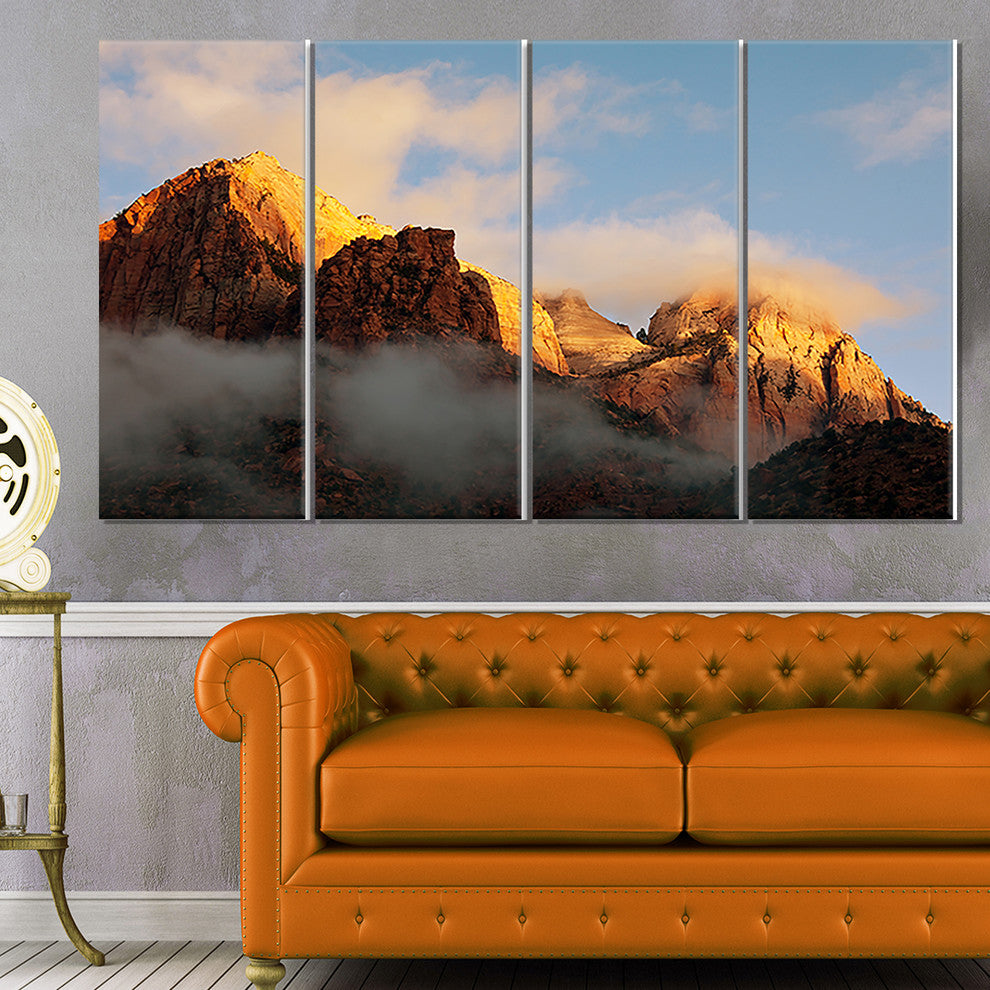 Foggy Hills in Zion National Park, Landscape Canvas Art, 48"x28", 4 Panels