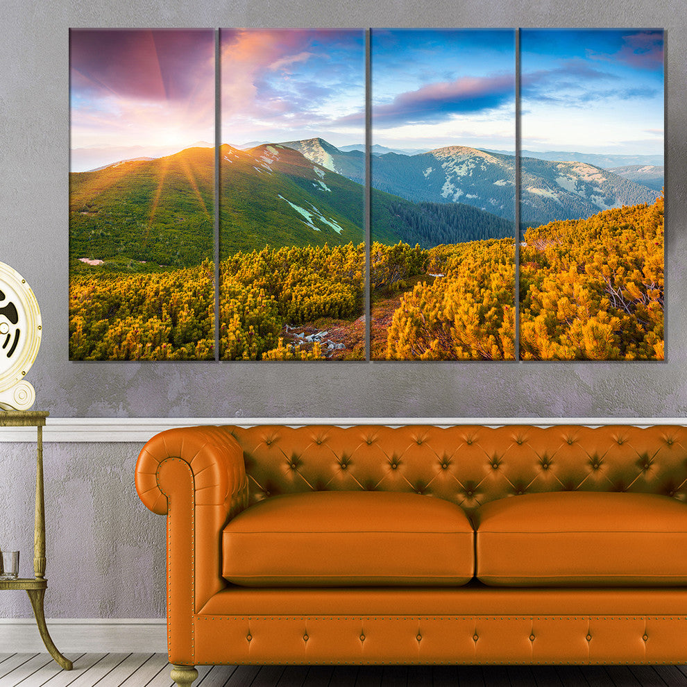Bright Sunrise in Carpathian Mountains, Landscape Canvas Art, 48"x28", 4 Panels