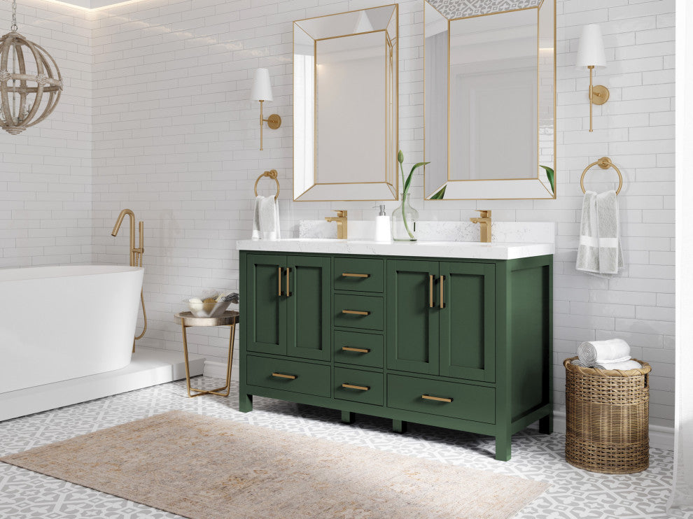 Malibu 60 Double Sink Bathroom Vanity in Lafayette Green 2" Piatra Gray