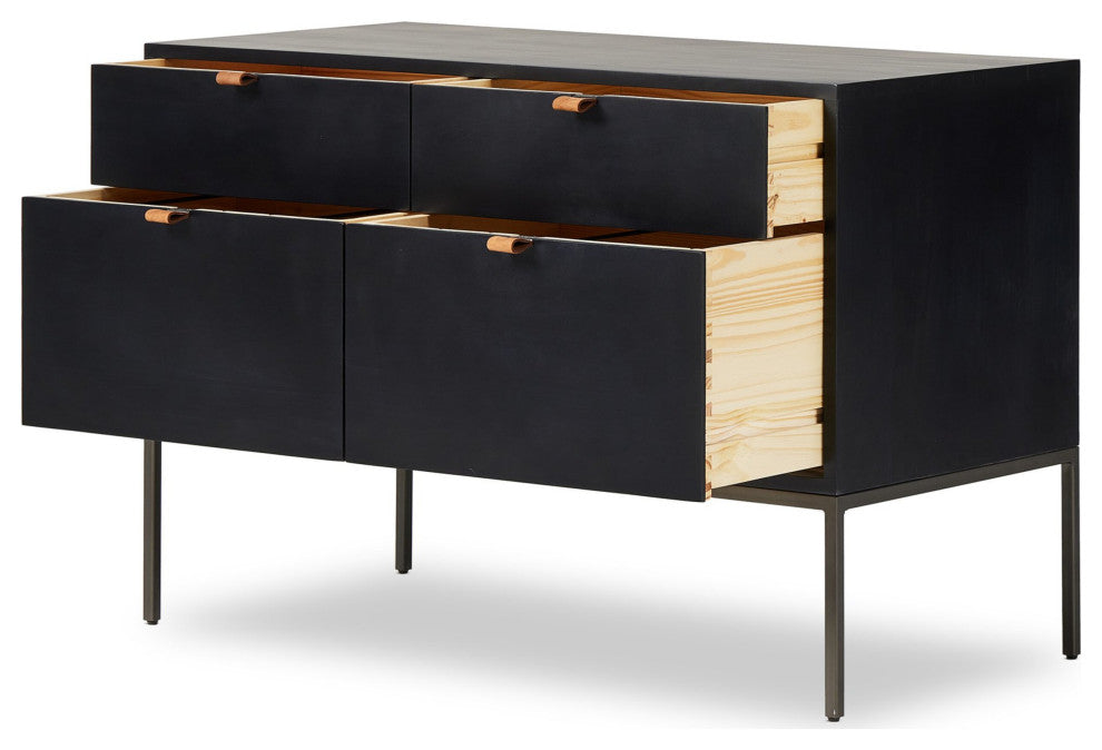 Trey Modular Wide Filing Cabinet Black Wash Poplar, Natural Iron, Toffee Leather