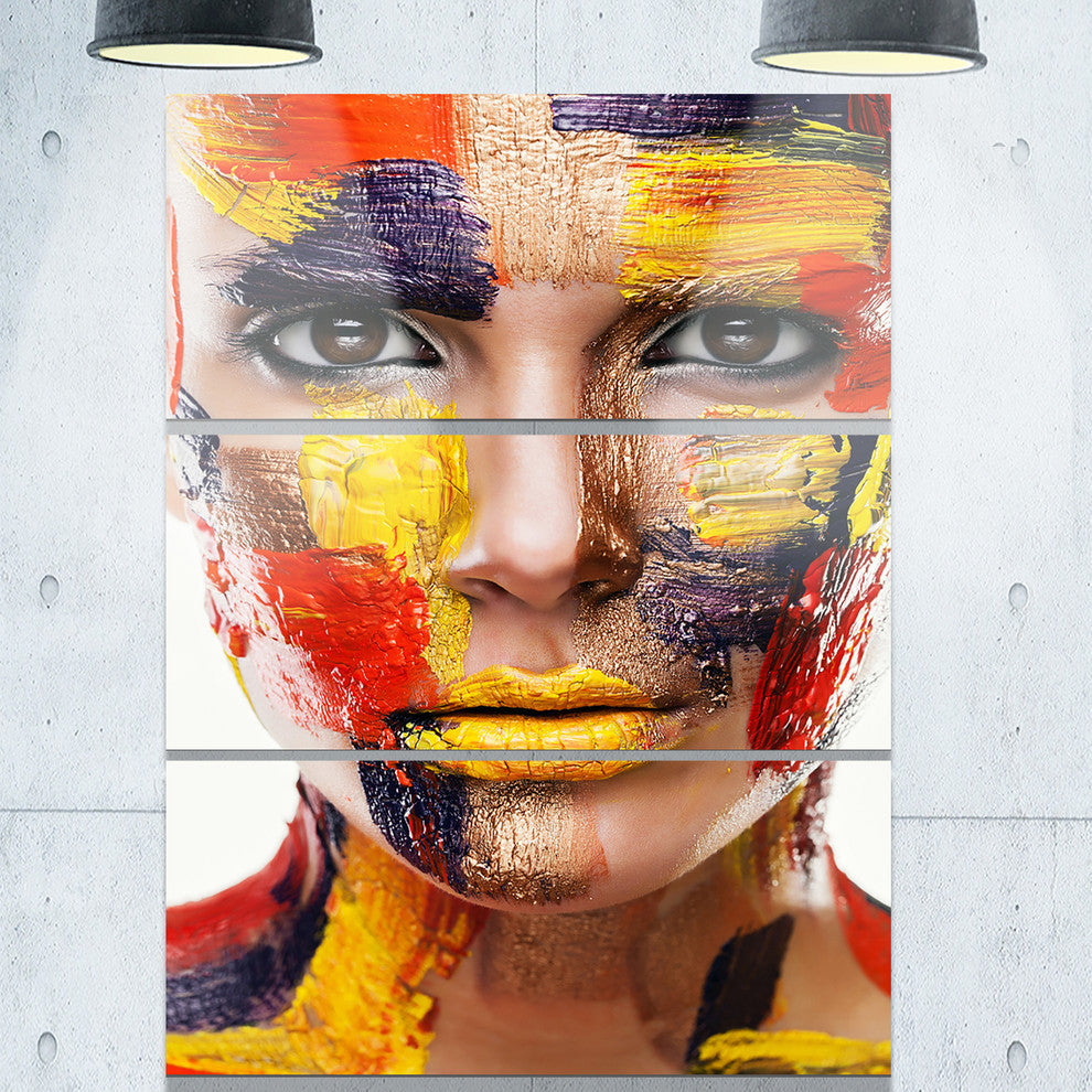 "Woman With Colorful Face" Glossy Metal Wall Art, 3 Panels, 28"x36"