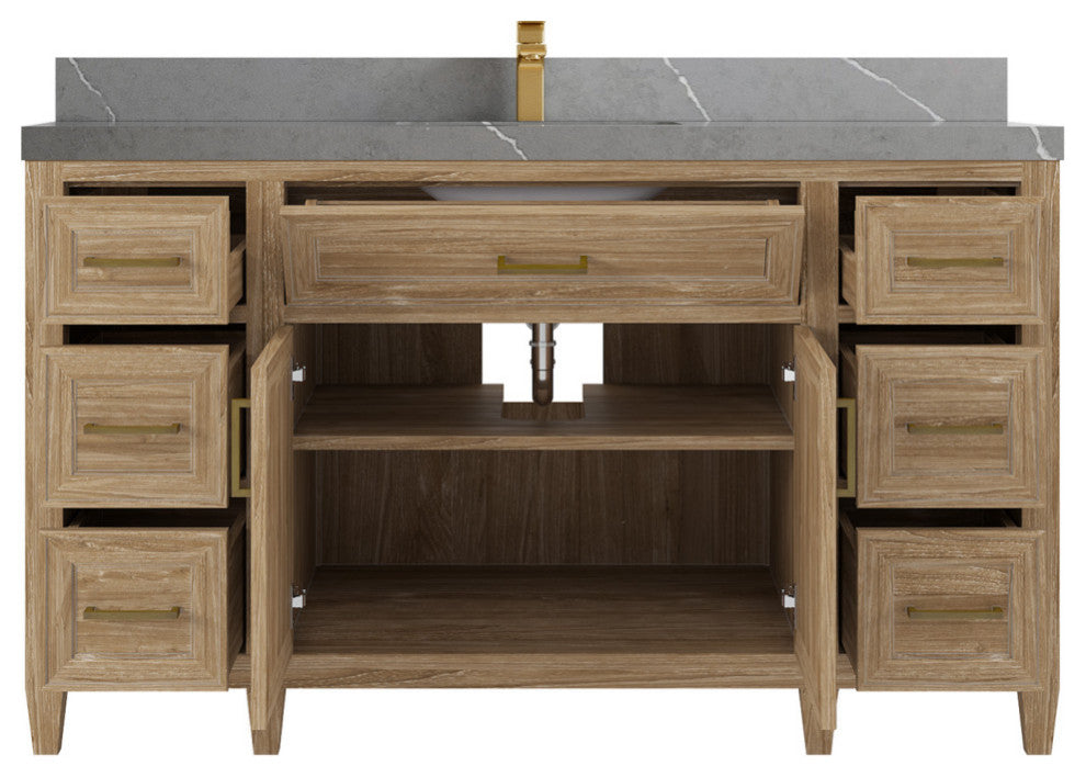 Santa Monica 60 Single Sink Bathroom Vanity in Whitewashed Teak 2" Piatra Gray