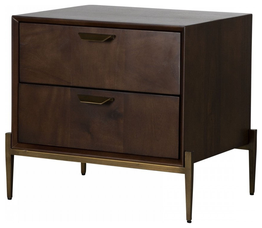 Modern Dark Mango Acacia and Brass Nightstand With Two Drawers