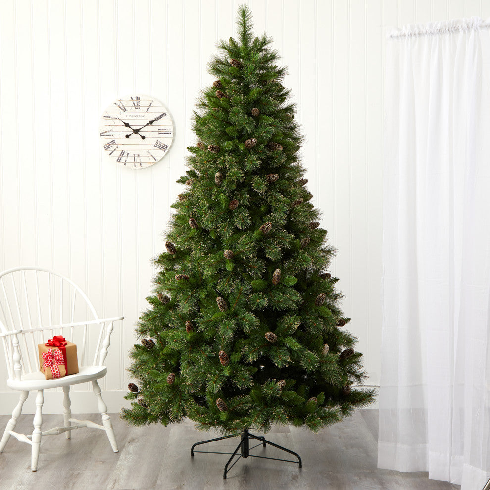 7.5' Golden Washington Pine Faux Xmas Tree W/Lights, Pinecone, Bendable Branches