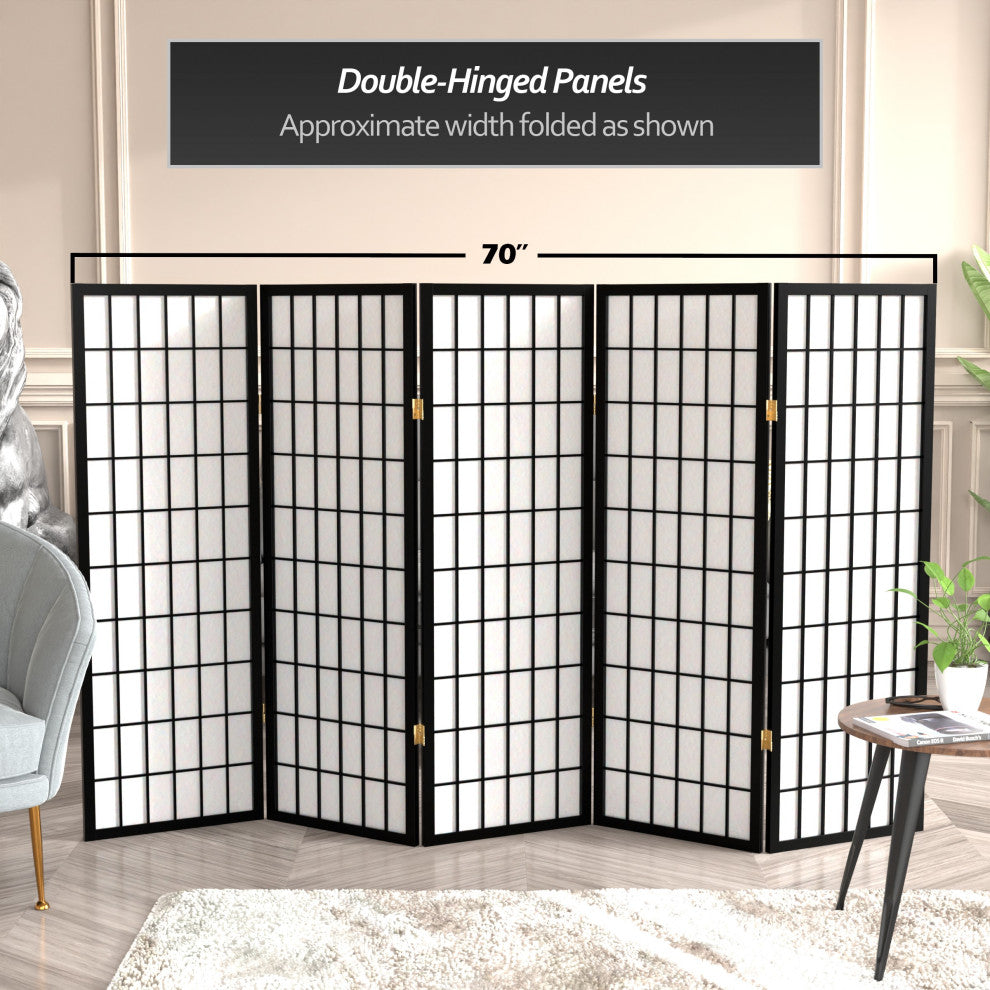 4' Tall Window Pane Shoji Screen, Black, 5 Panels