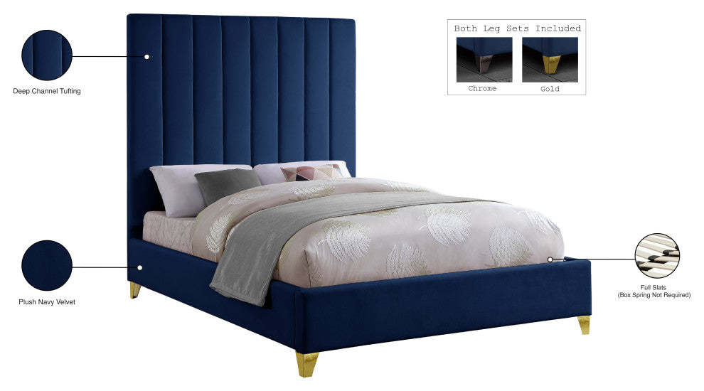 Via Velvet Upholstered Bed, Navy, Queen