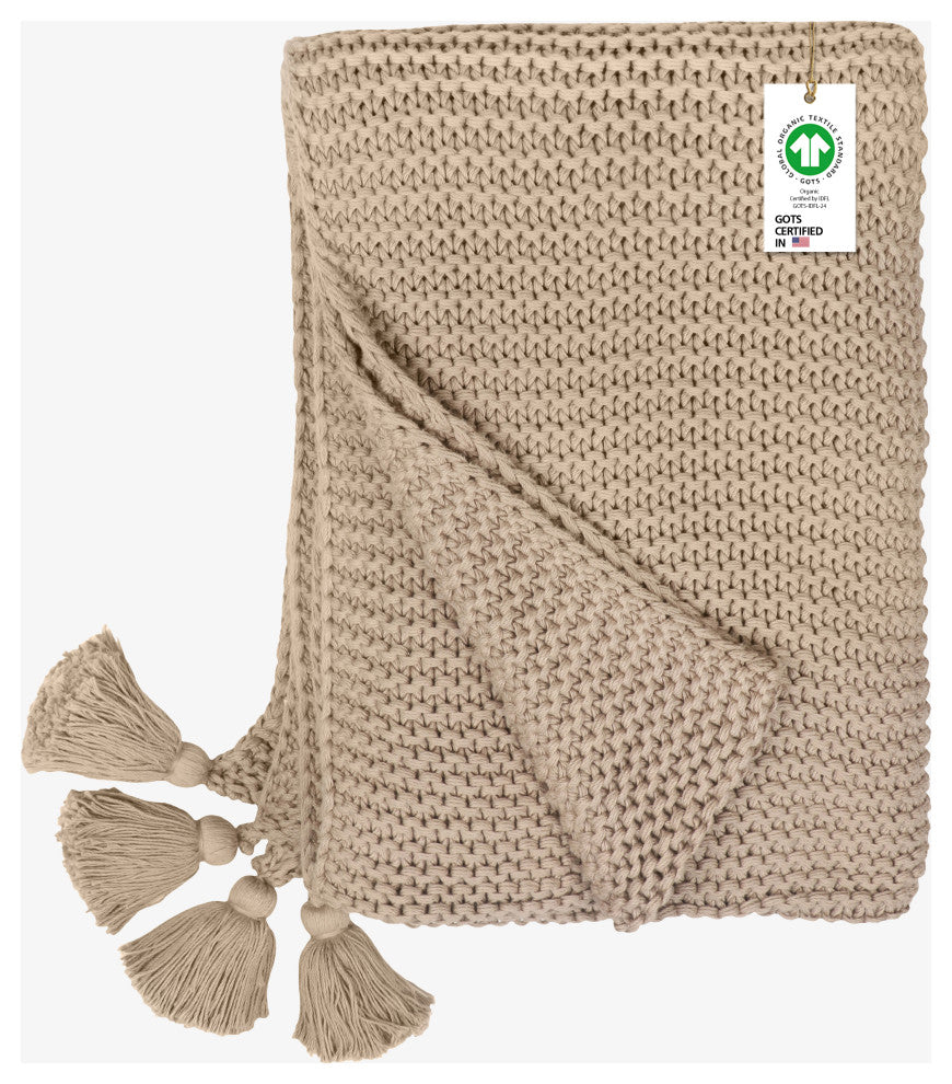 Organic Cotton Chunky Knit Over-Sized Throw Blankets, 50"X70", Stone