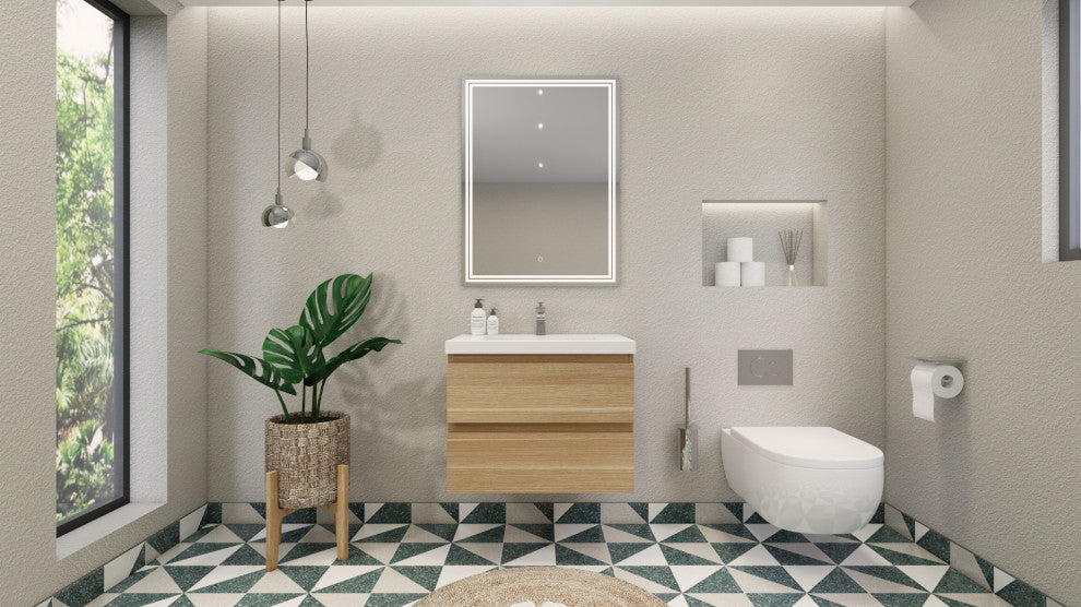 Belli 30" Wall Mounted Single Bathroom Vanity Set, White Oak, Glossy White Top
