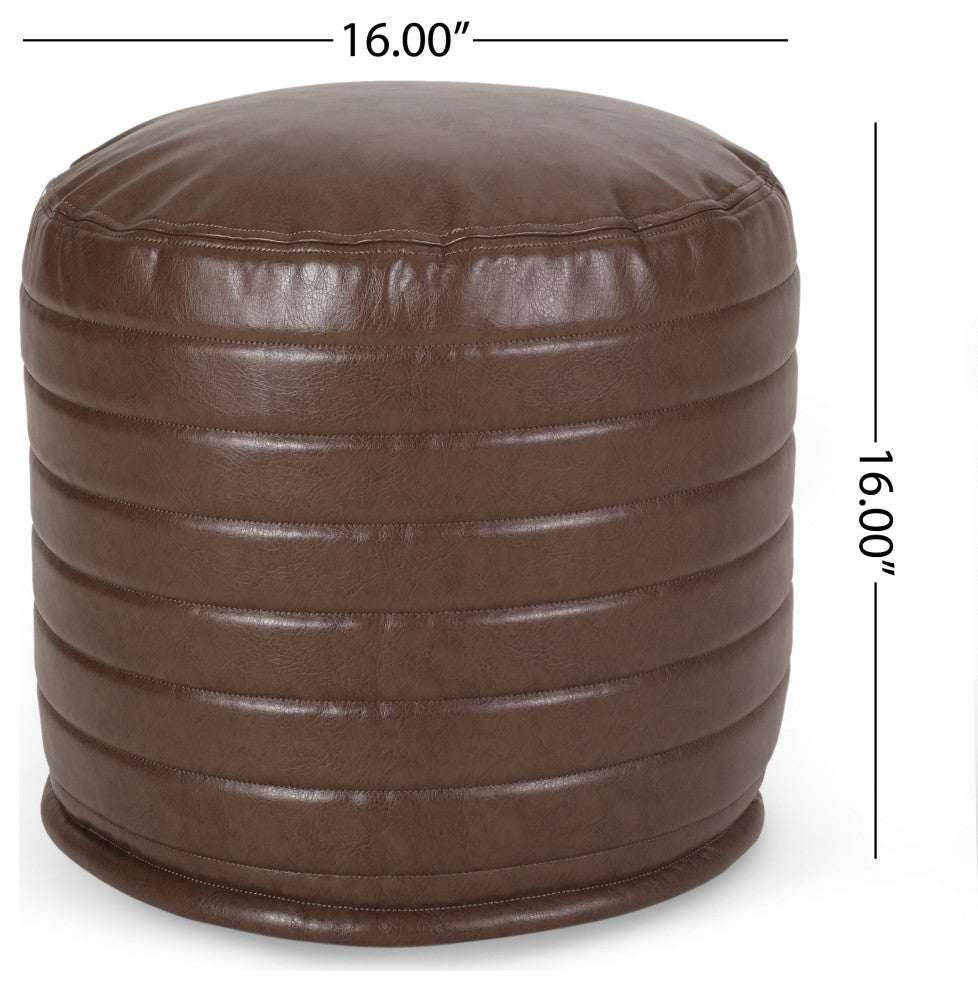 Conrail Contemporary Faux Leather Channel Stitch Pouf, Brown, Cylinder