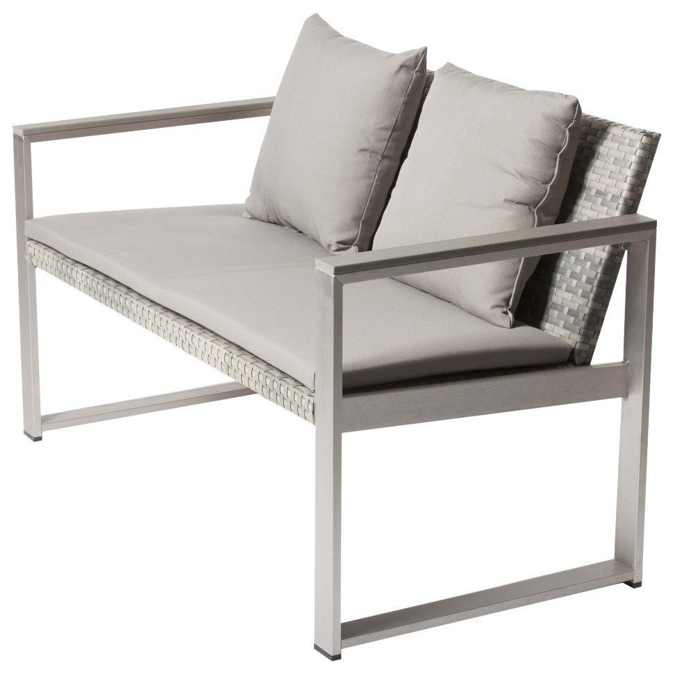 Benzara BM172110 Aluminum Upholstered Cushioned Sofa with Rattan, Gray & Taupe
