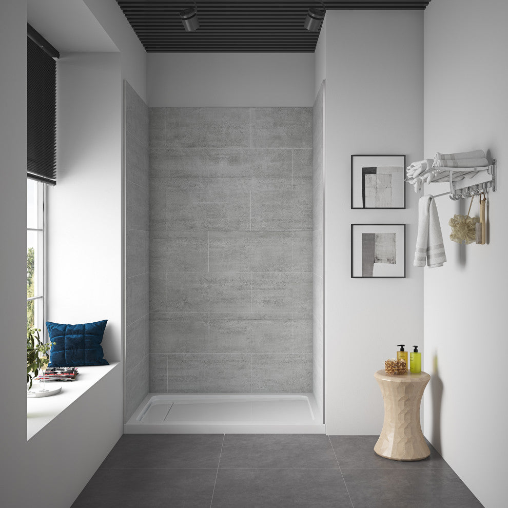 OVE Decors Misty 48x32" Solid Surface Alcove Shower Wall, Gray Tiles