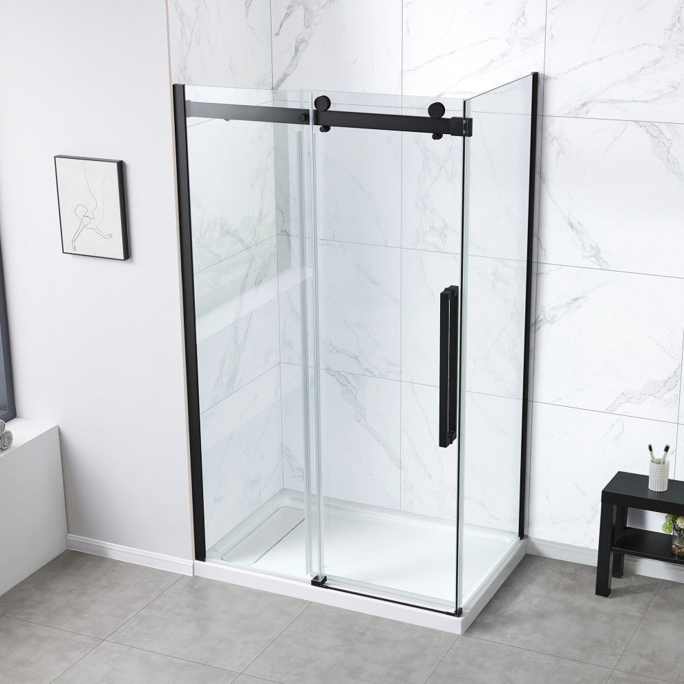 Bel Soft-Close Matte Black 48" Frameless Sliding Soft Close Shower Door