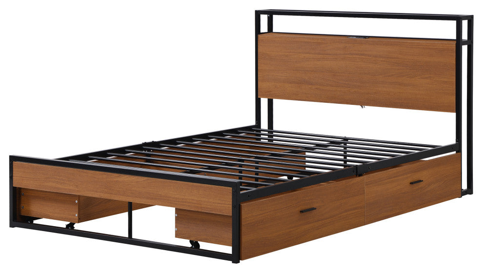 Full/Queen Metal Frame Wood Platform Bed with Four Drawers, Sockets and USB Port