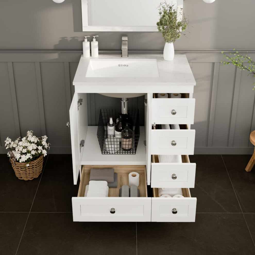 Eviva Happy 30"W White Bathroom Vanity with White Carrara Quartz Countertop