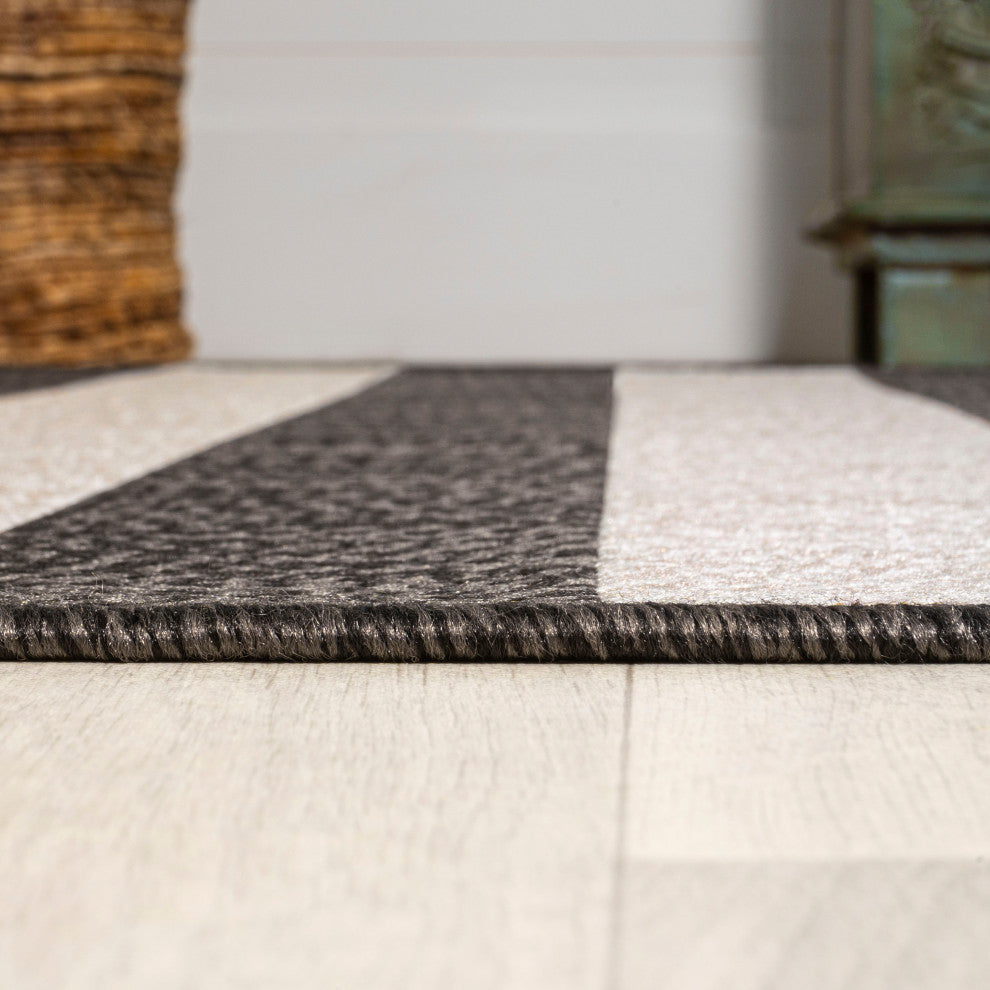 Negril Two-Tone Wide Stripe Indoor/Outdoor Area Rug, Black/Beige, 8x10