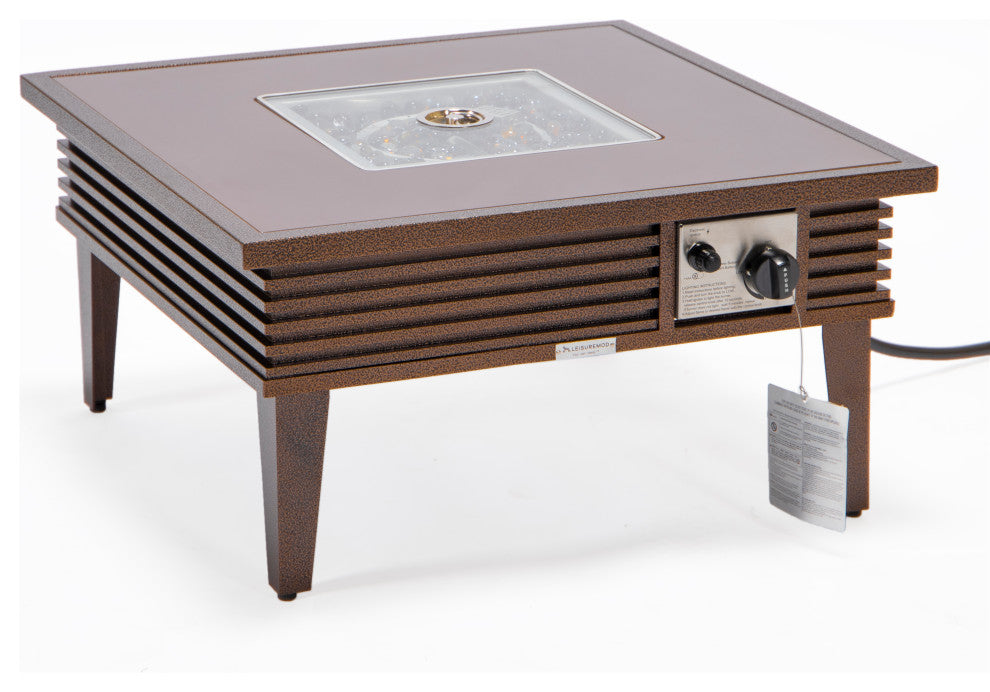 LeisureMod Walbrooke Square Fire Pit Table and Tank Holder With Slats, Brown