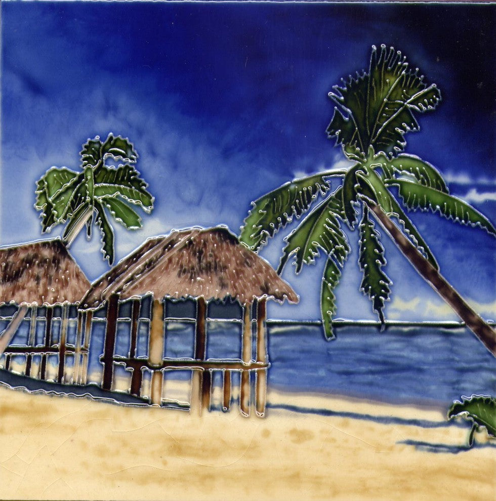 8x8" Palm With Palapa Ceramic Art Tile Hand Painted Trivet Hot Plate