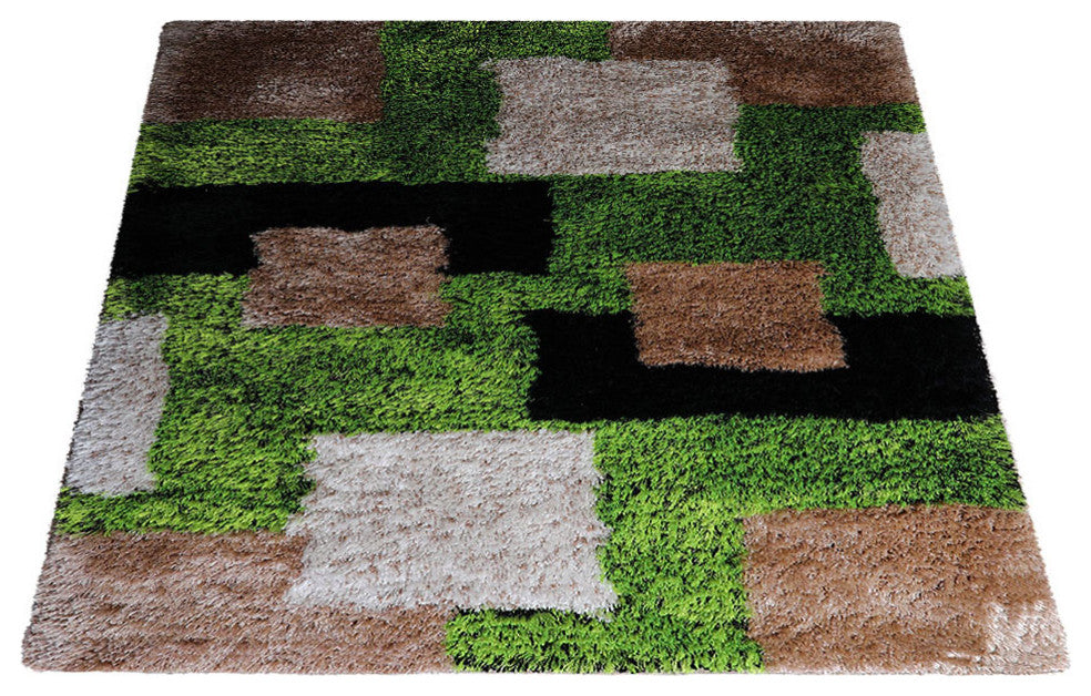 Hand Tufted Shag Polyester Area Rug Geometric Green Beige, [Square] 6'x6'