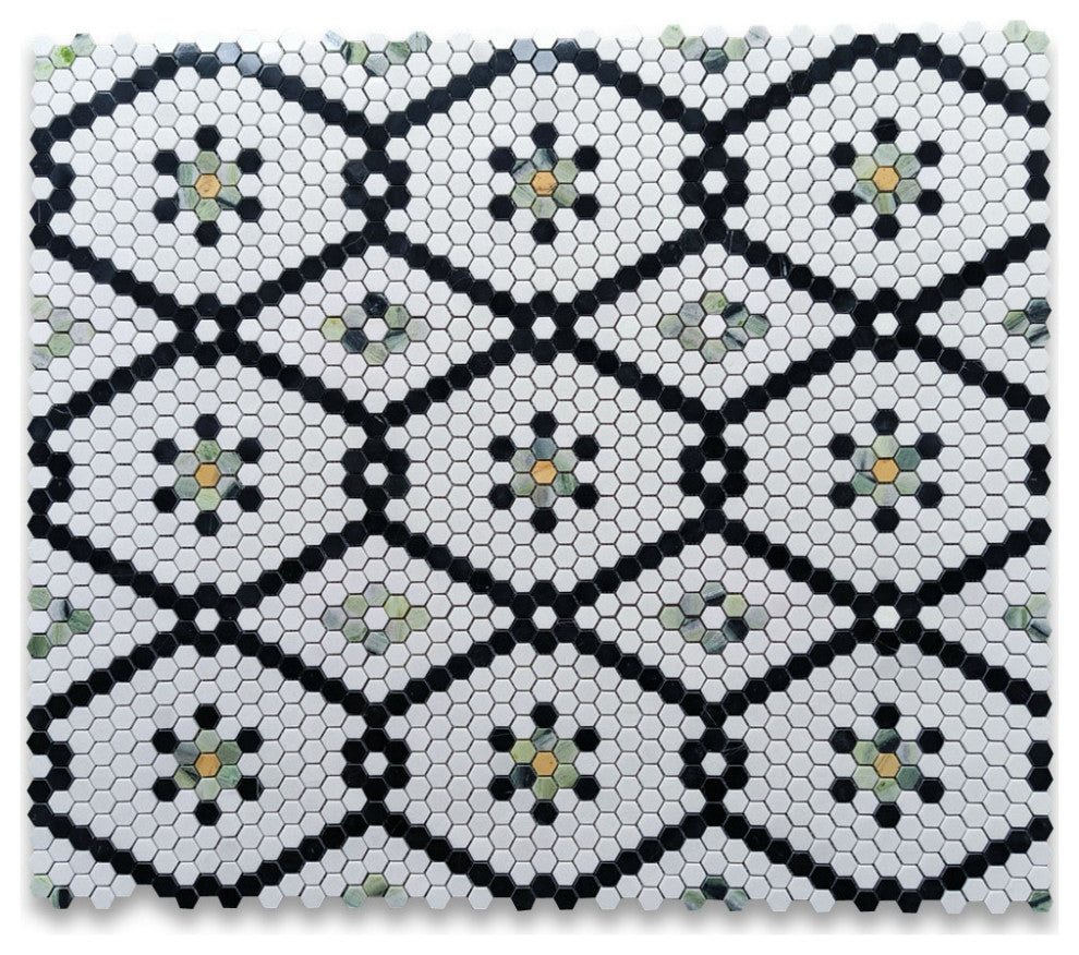 Thassos White Marble Hexagon Historic Snowflake Mosaic Tile Green, 1 sheet
