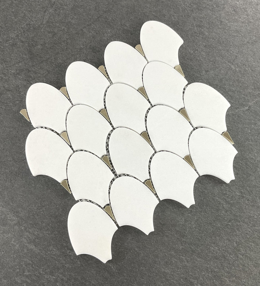 10-Pieces of Fan Shape Thassos White With Gold Metal Mosaic Tile