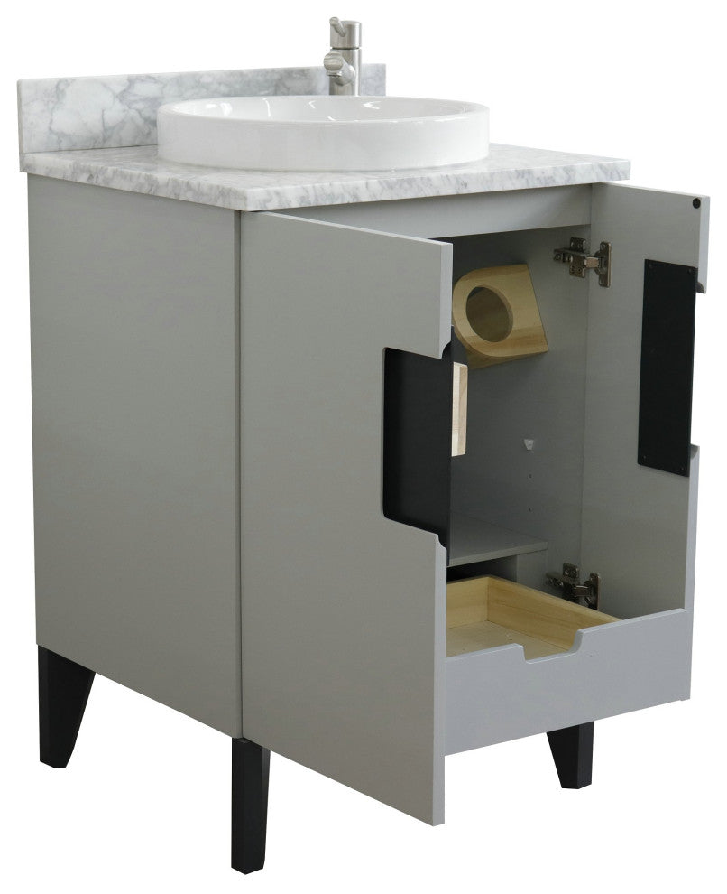 25" Single Sink Vanity, Light Gray Finish With White Carrara Marble