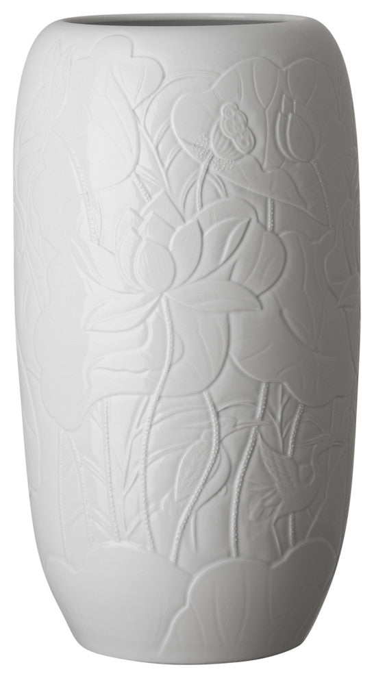 27 In Tall White Engraved Ceramic Lotus Vase