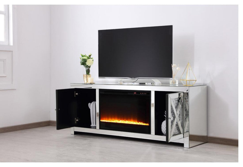 59"Crystal Mirrored Tv Stand With Crystal Insert Fireplace