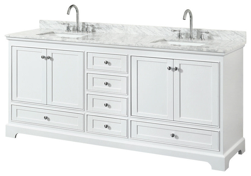 Deborah 80" White Double Vanity, Carrara Marble Top, Square Sinks, No Mirror
