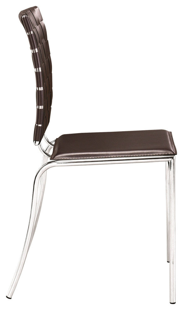 Set of Four Brown Faux Leather and Steel Modern Basket Weave Dining Chairs