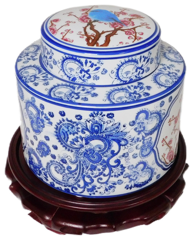 Decorative Blue and White Oriental Po Chu Round Jar