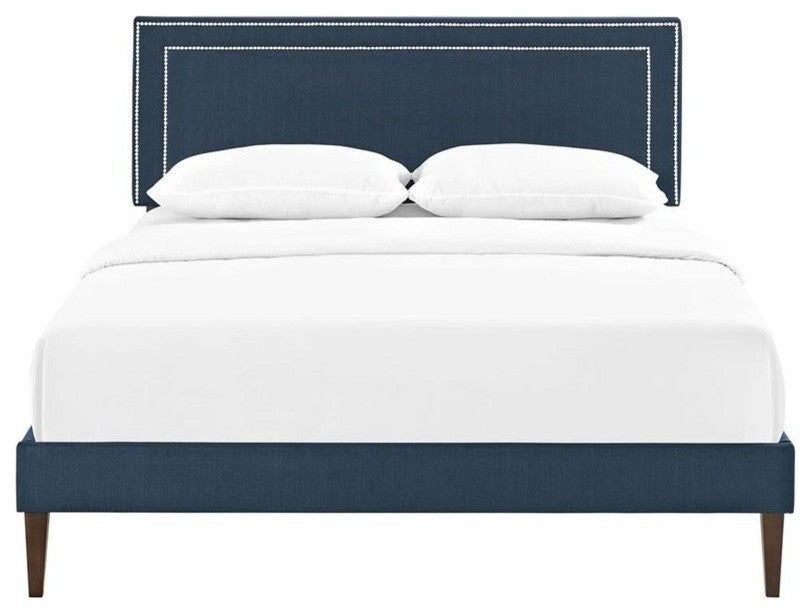 Jessamine Queen Fabric Platform Bed With Squared Tapered Legs, Azure