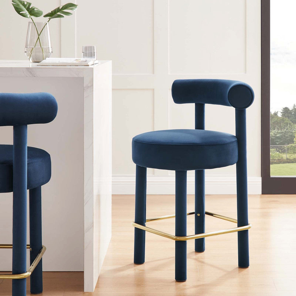 Toulouse Performance Velvet Counter Stool, Curved Round Bolster Kitchen Stool, Blue