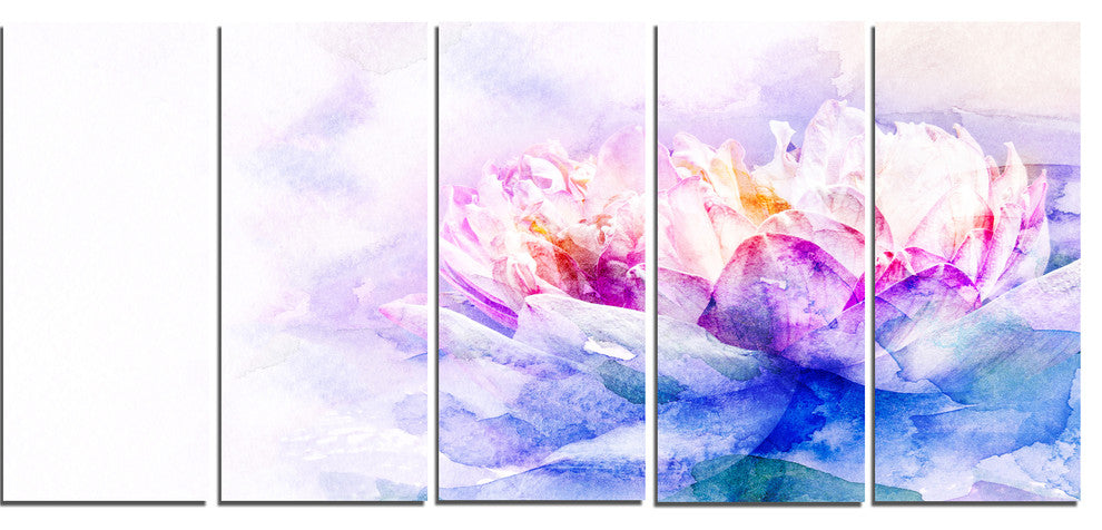Blue Flower Watercolor, Floral Canvas Art print, 60"x28", 5 Panels