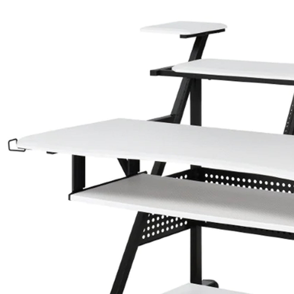 Benzara BM276207 Music Desk Workstation, Speaker Shelf, Keyboard Tray, White