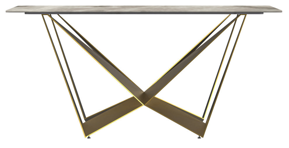 LeisureMod Nuvor Dining Table With Rectangular Top and Gold Steel Base, Deep Gray, 55 Inch