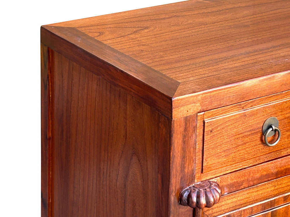 Oriental Chinese 2 Drawers Wood Pattern Brown Credenza Console Cabinet