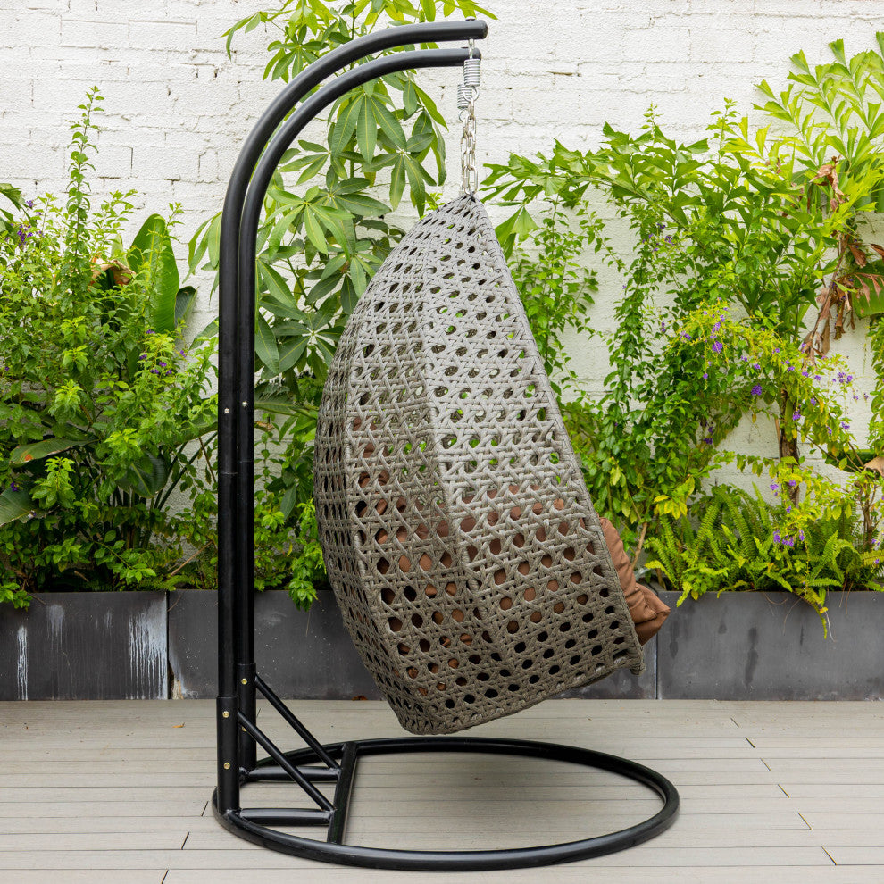 2 Person Charcoal Wicker Double Hanging Egg Swing Chair, Brown