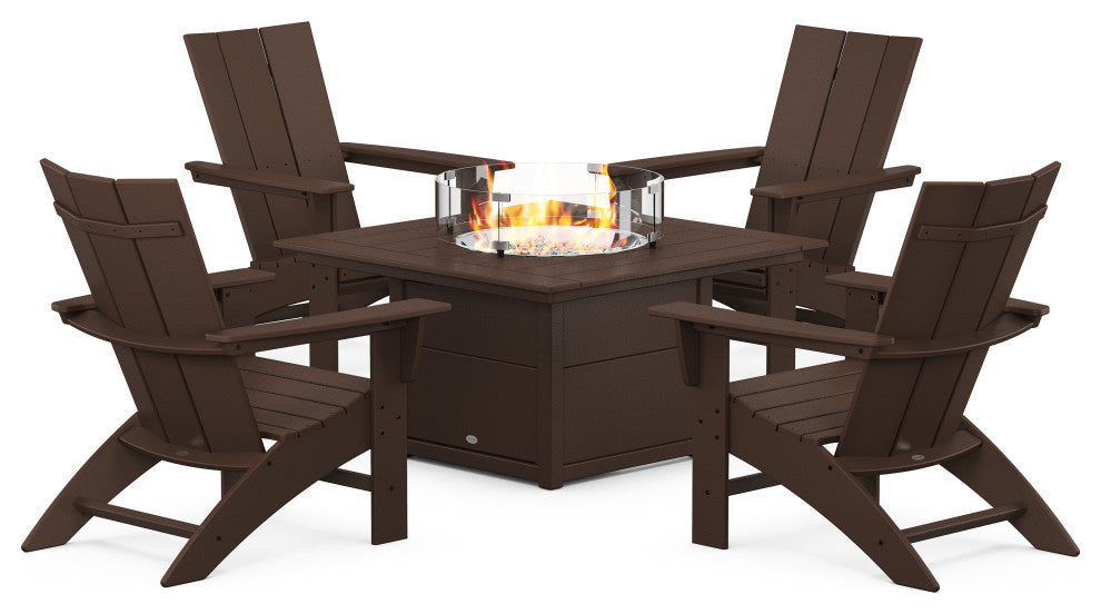 Modern Curveback Adirondack 5-Piece Set With Fire Pit Table, Mahogany